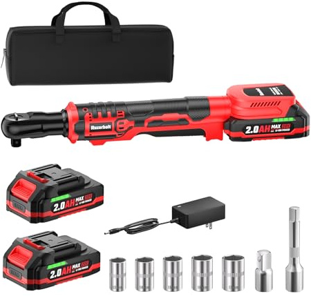 Ruzorbolt 20V Cordless Ratchet Wrench 3/8 Set, 88 Ft-lbs(120N.m), 500 RPM, Electric Ratchet Wrench with 2PCS 2000mAh Batteries, Variable Speed, LED Light, 5 Sockets, 1/2 Adapter, 3 Extension Bar