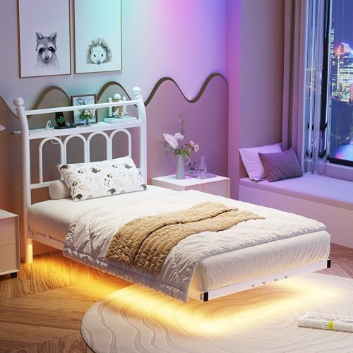 FOUBAM Sängram 90 x 200 cm med laddningsstation och LED-belysning, robust metallsäng med sänggavel hylla, modern gästsäng, ungdomssäng, sängram, metall enkelsäng med ribbotten, vit