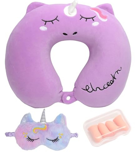 Cojín Cervical de Unicornio para Niños Espuma de Memoria Cojín de Viaje Diseño de Dibujos Animados con Máscara de Ojos 30 x 30 cm Cojín Cervical para Adultos Bonito