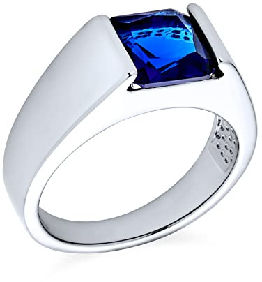 Anillo de Compromiso para Hombre Personalizado Unisex Tradicional 3CT Simulado Zafiro Azul AAA CZ Corte Princesa Cuadrado Solitario Anillo de Meñique Chapado en Plata para Hombres Personalizable