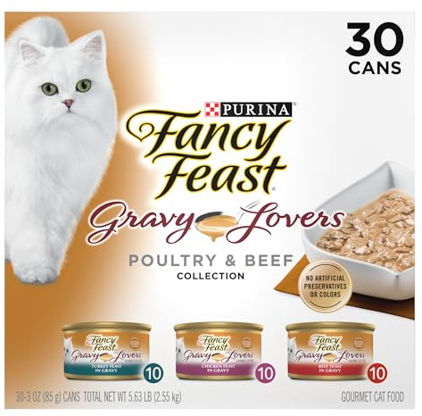 Purina Fancy Feast Gravy Lovers Poultry and Beef Grilled Gourmet Wet Cat Food Variety Pack - (Pack of 30) 3 oz. Cans