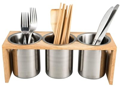 Flatware Organizer Caddy with Wood Base SUS304 Stainless Steel Cutlery Utensil Holder for Kitchen Countertop