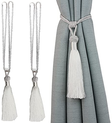 jghcsz Fermatenda per Tende, Set di 2 Fermacravatte Poliestere Drappo Tieback Clip con Nappa per Tende Accessorio Elegante Stile Semplice e Naturale (Bianco, 2)