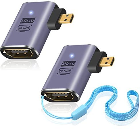 Duttek Adaptador micro HDMI de ángulo recto 8K, adaptador micro HDMI a HDMI de 90 grados, 48 Gbps, UHD HDMI 2.1 hembra a micro HDMI macho, conector extensor para cámara, videocámara, tableta digital,