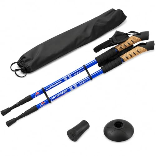 MidGard Bâtons de marche nordique télescopiques anti-chocs en alliage d'aluminium avec poignée en liège et amortissement réglables en longueur 70-135 cm Bleu