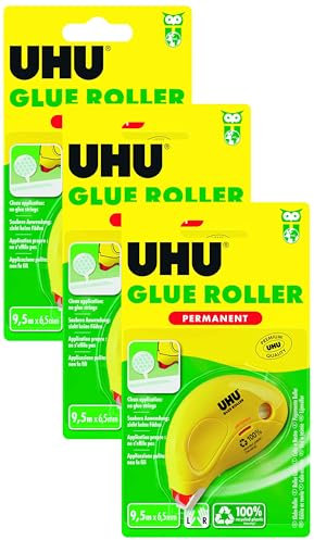 UHU Roller de colle permanent - Colle de façon permanente, rapide, propre, précis et instantané, sans solvants, transparent, 9,5 m x 6,5 mm (Lot de 3)