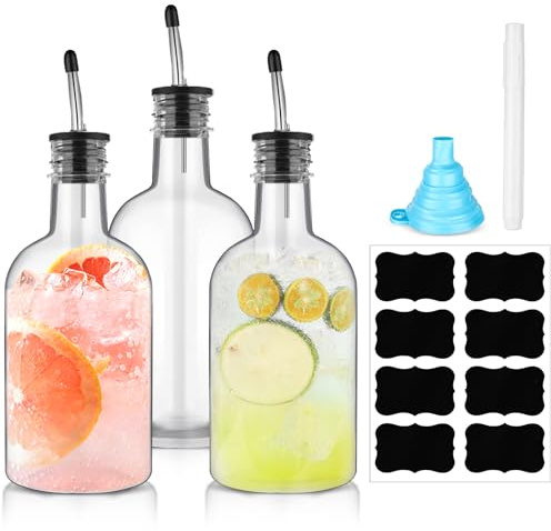 Maxcheck 3 Sets 16 oz Plastic Long Neck Bottles with Pourer and Caps Plastic Juice Pour Bottles with Stainless Steel Bottle Pourer Tapered Spout for Liquor Juice Store Syrup