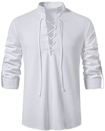 LUYANA Mens Lace up Festival Shirt Linen Shirts Stand up Collar Casual Shirt Regular fit White 3XL