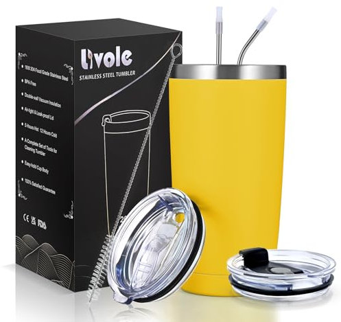 Livole 600 ml rostfritt stål vinkopp, termosmugg kaffe to go, Coffee to go mugg med lock och sugrör, gul