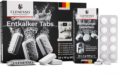 CLENESSO Pflegeset Entkalkungstabletten für Kaffeevollautomaten + Reinigungstabletten (je 50 Stück) – Kompatibel mit Siemens, Jura, Krups, Miele uvm. – für optimale Pflege und Entkalkung