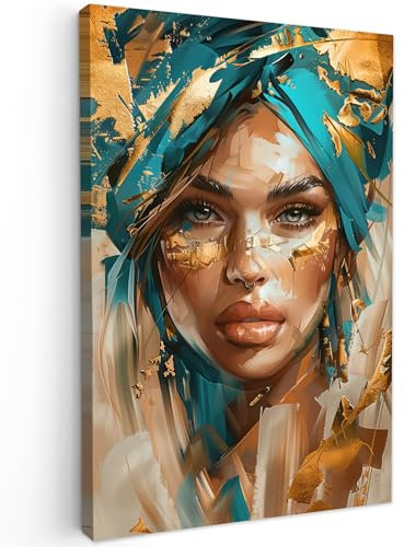 MuchoWow© Impression sur Toile Decoration Murale Peinture 60x90 cm Tableaux Art Décoratif Muraux Décoration Chambre Femme - Portrait - Or - Luxe - Bleu