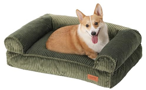 FUKUMARU Hundebett für große Hunde, Flauschiges & Hundesofa mit wasserabweisender TPU-Schicht, Cordstoff, Waschbar und rutschfest, Abnehmbarer Reißverschlussbezug, 93 x 63 x 22 cm, Grün