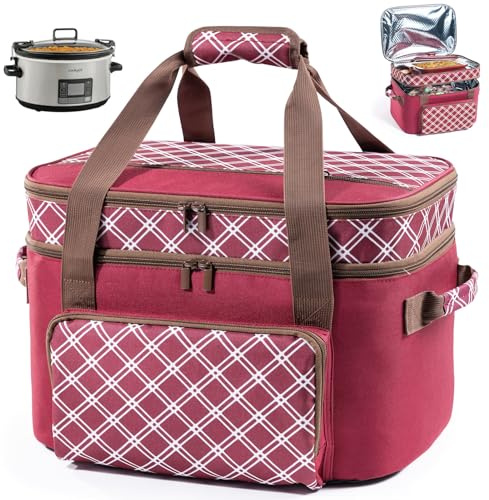 Double Layer Slow Cooker Carrier Bag – Fits 6–8 Qt Oval Slow Cooker Compatible with CrockPot & Hamilton Beach | Insulated Travel Tote with Utensil Storage & Adjustable Straps