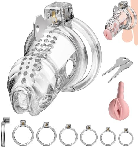 Chastity Cage Männer Peniskafig Keuschheitskafig Herren aus Harz & Premium Silikon mit 6 Penisringen-Ultraleicht & Unsichtbar für SM Fetisch, Fesselspiele und Abstinenz | Cock Cage (L)