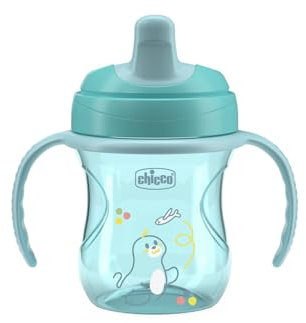 Chicco Training Cup, tasse d'apprentissage en plastique anti-goutte pour un enfant, pour apprendre à boire, bec ergonomique semi-doux, valve et poignées amovibles, 6+ mois, sans BPA, Azur