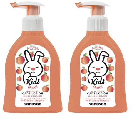 sanosan 2 lozioni per il corpo per bambini con profumo di pesca, 200 ml, lozione per il corpo con olio d'oliva biologico e proteine del latte, cura della pelle