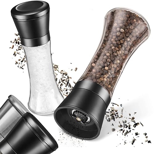 LINFELDT Salz und Pfeffermühle verstellbares Keramikmahlwerk Edelstahl Spülmaschinengeeignet - Pfeffer und Salzmühle 2er Set - Grob & Fein 19,2x6,5 cm Schwarz