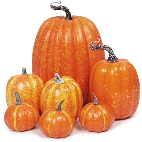 Newthinking Artificial Pumpkin Decorations, 7 Pack Foam Fake Pumpkins Decor | Yellow Orange, Realistic Artificial Pumpkins, 1 Large + 1 Medium + 2 Small + 3 Mini Size, Autumn Pumpkin Decorations