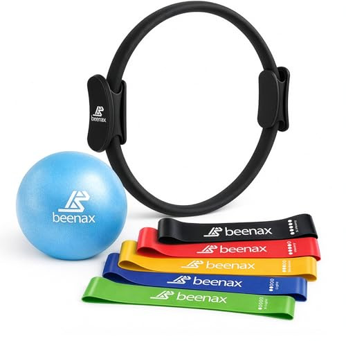 Beenax Pilates Ring Set - Fitness 12” Magic Circle with Double Padded Handles - Includes Soft Pilates Ball, Resistance Bands & Exercise Guide for Yoga, Thighs, Abs, Legs, Core Training