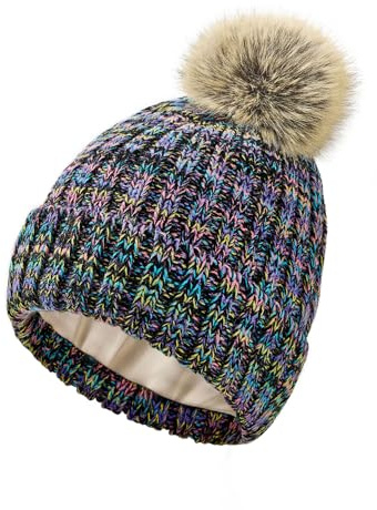 Zando Winter Satin Lined Beanie Hats for Women - Cute Pom Pom Beanie, Warm Winter Hat with Hair Protection, Thick Knit Beanies, Stocking Cap for Outdoor Travel Daily Wear One Size Black Mixed Yarn