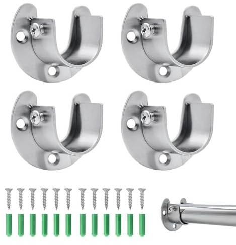 4Pcs Wardrobe Rail Bracket, Flange Rod Holder, Stainless Steel U-Shaped Brackets, Wardrobe Rails and Fittings for Curtain Rail Brackets, Wardrobe Rail Support, 32mm
