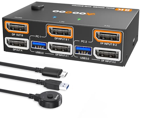Conmutador KVM 8K@30Hz/4K@144Hz, DP KVM Switch para 2 ordenadores, 2 monitores y 4 dispositivos USB 3.0, mando a distancia por cable y cable USB incluido