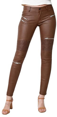 Crazy Lover Pantalones de Piel sintética para Mujer - Pantalones de Motociclista de Cintura Media con Cremalleras, Corte Ajustado (L, Marrón Oscuro)