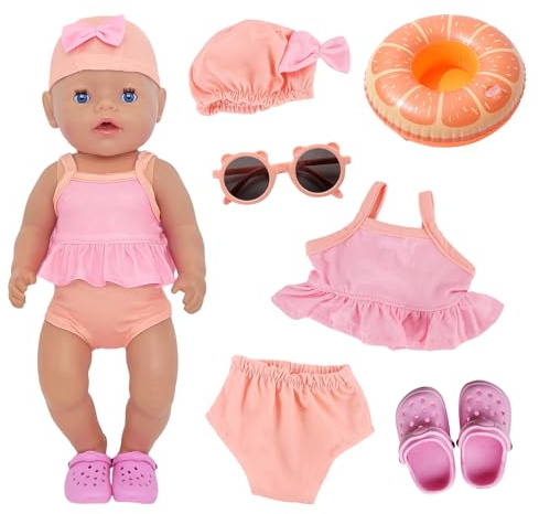 Set da 6 pezzi da nuoto per bambole, abbigliamento estivo per bambole da 14 a 18 pollici, con cuffia da bagno, costume da bagno, anello da nuoto, occhiali da sole, infradito per bambole da 30 – 43 cm