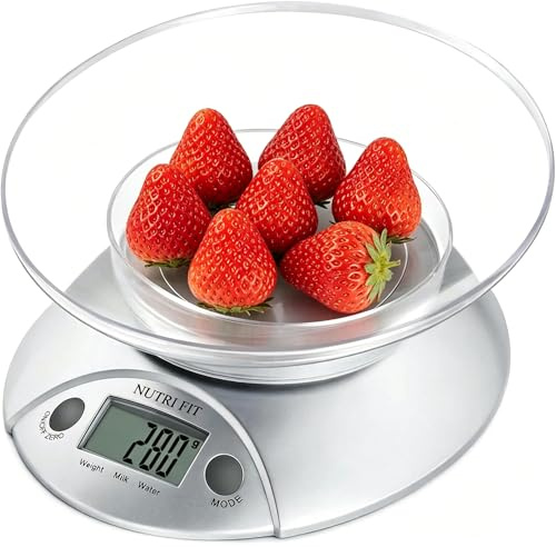 NUTRI FIT Bilancia Digitale Alimenti con ciotola 0,6L, 5KG/11lb, Argento
