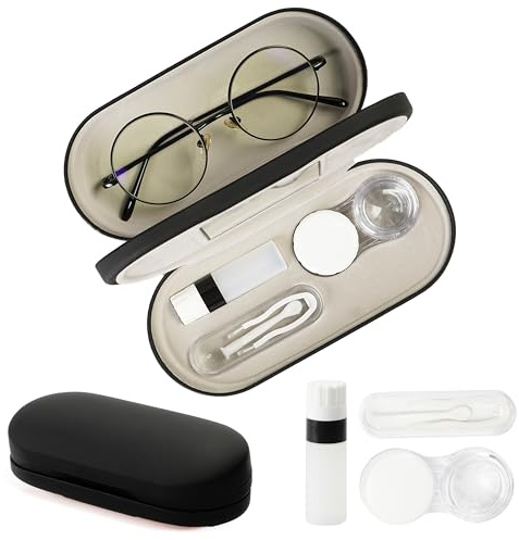 Lasiyanor Estuche portátil para lentes de contacto con espejo, pinzas, herramienta removedora y botella para solución para uso diario al aire libre, Negro, Small/Medium