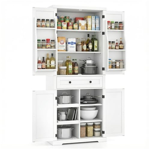COSTWAY Alacena de Cocina Despensa, Armario Despensa Alta con 4 Estantes Ajustables, Cajón, 6 Estantes con Puertas y 2 Bandejas Deslizantes, Mueble Auxiliar para Salón y Comedor, 77x40x184 cm (Blanco)