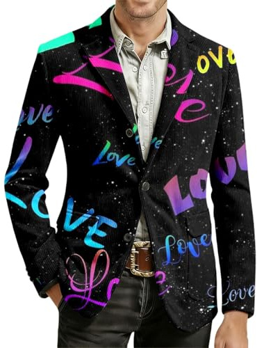 Veste en velours côtelé pour homme - Imprimé multicolore - Costume de carnaval - Motif cœur - Blazer - Coupe ample - Pour fête, loisirs, mariage - Costume tendance, O Noir., XXXL