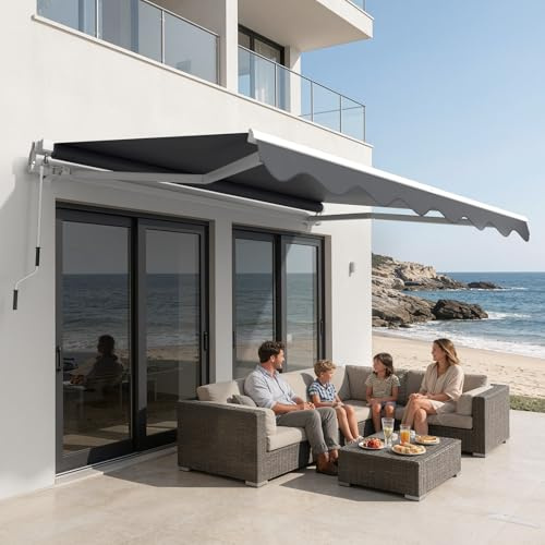WoRaum Store à Bras Articulé pour Balcon 300x250cm – Auvent à Bras Articulé & Markise Balkon en Polyester 280g/m², Tissu PU, Inclinable, Cadre Alu (Gris Anthracite,300x250cm)