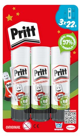 Pritt Glue Stick, Safe and Child-Friendly Craft Glue for Arts and Crafts Activities, Strong-Hold adhesive for School and Office Supplies, 22 g (Pack of 3)