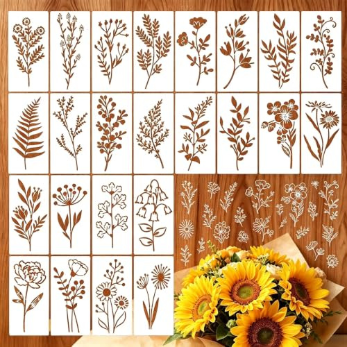 Shalve 24PCS Floral Stencils, plantillas de flores 15x7,5cm, plantillas reutilizables de flores silvestres para pintura DIY, lienzo, madera, tela, paredes, scrapbooking, decoración, aerografía