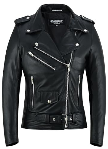 Bohmberg Chaqueta de cuero para mujeres - Cuero genuino - Chaqueta estilo retro motociclista - Chaqueta Highway - Brandostyle - Estilo Rockabilly - Negro - L