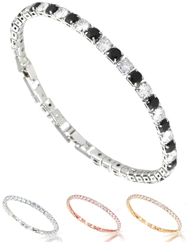 inSCINTILLE Pulsera de Tenis Unisex con Circonita y Cierre Ajustable con Caja de Regalo (Tamaño de la piedra: 0,30 cm, Cadena de plata - Piedra blanca negra)