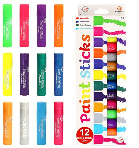 Playkidiz Bastoni di Vernice, a Forma di Pastello, Resistenti e Senza disordine, Colori per Poster, Asciugatura, Ottimo Regalo di Compleanno, età 3 Confezioni da 12 Neon e Metallizzati, Multicolore