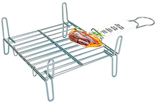 Tradineur - Parrilla Doble, Rejilla de Acero para Barbacoa, Grill portátil con Patas, asado de Pescado, Carne, Ideal para jardín, Camping, Fabricada en España, 20 x 25 cm