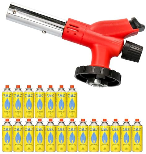 Z.M.C Brûleur à gaz 1,0 kW + 20 cartouches de gaz 227 g, brûleur à flamme jusqu'à 1300 °C, chalumeau Bunsen, brûleur de cuisine avec flamme réglable, embout brûleur