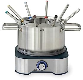 Lacor - 69399 - Fondue Eléctrica, Fundir Queso y Chocolate, con 8 Tenedores, Olla Desmontable, Fondo Termodifusor, Termostato Regulable, Acero Inoxidable, 1500W
