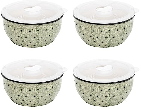 Tranquillo 4er Set Schüssel Art Deco handgestempelt aus Steinzeug, Silikondeckel, stilvolle und praktische Aufbewahrung für Lebensmittel grün, 13 cm