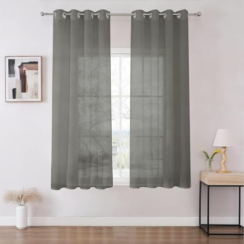 Joydeco Gardinen mit Ösen Transparente 2er Set, Optik Gardine Voile Ösenvorhang Ösenschal Durchsichtig Vorhang Kurz für Schlafzimmer Wohnzimmer Schlaufenschal (2xH160xB140, Grau)