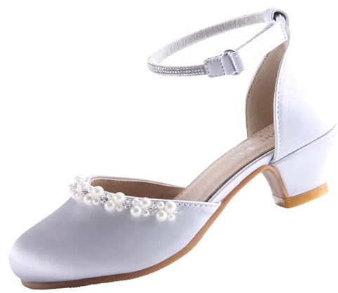 EIGHT KM Girls Silk Mary Jane Dress Shoes Low Heel Party Wedding Communion Princess Shoes, Pearl Silver, UK Little Kid Size 10