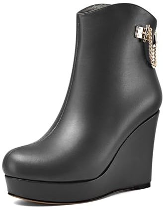 Castamere Donna Alto High Zeppa Piattaforma Tacco Heel Rotonda Punta Stivaletti Cerniera Catena Metallo Slip-on Dress 10 CM Heels Nero 37 EU
