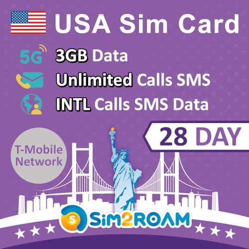 USA SIM-kort 28 dagar | 3 GB 5G/4G-data|Obegränsat inrikessamtal och sms från USA|Kredit för internationella samtal och roaming|Återpåfyllningsbar