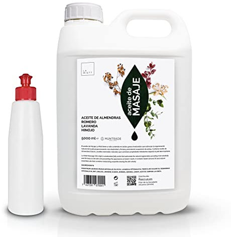 Olio di Massaggio di Mandorle Dolci, Rosmarino, Lavanda e Finocchio 5 Litri + Bottiglia Ricaricabile 250 ml | Olio per il Corpo Professionale