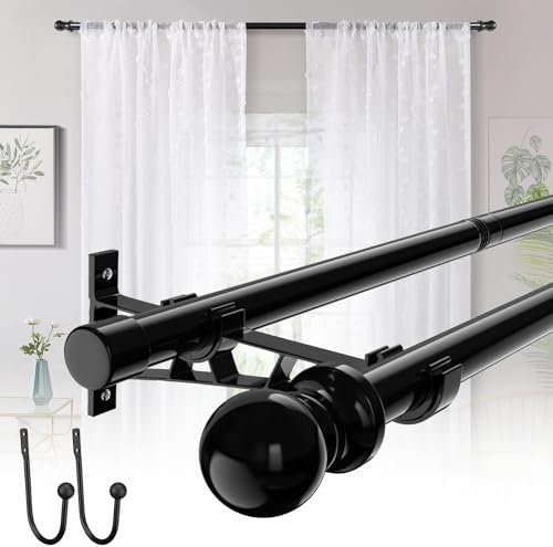 82-243cm Schwarze doppelte Vorhangstangen für Fenster mit Halterungen und Clip, 25mm Heavy Duty Dual einstellbare dekorative Vorhangstange für Fenster,Badezimmer,Terrasse,Schlafzimmer,Schiebeglas,Tür