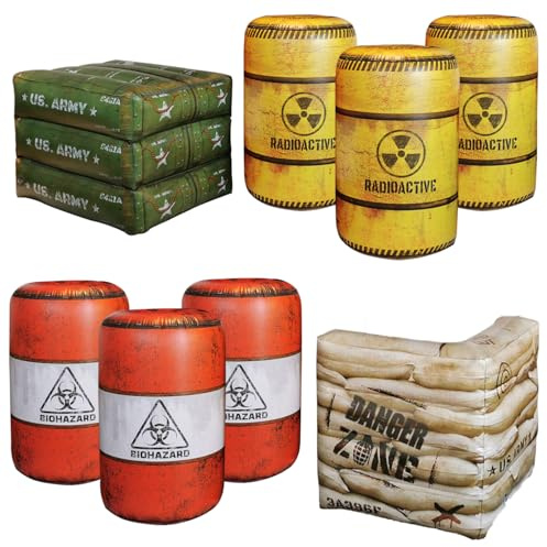 NINOSTAR Package 8 Combat Battle Field Inflatables, 6 Barrels + 1 Sandbag + 1 Army Box, Compatible with Laser tag, Water Gun for Boys Birthday Party Activities and Decoration.