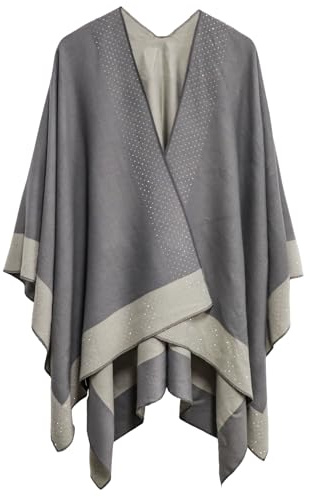 Miaikvs Women Poncho Reversible Oversized Open Front Cardigans Blanket Rhinestone Shawls Wraps for Ladies (Grey)